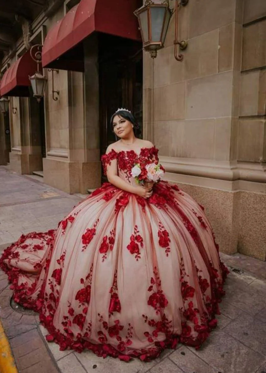Red Off The Shoulder Tulle Quinceanera Dresses With Lace Appliques