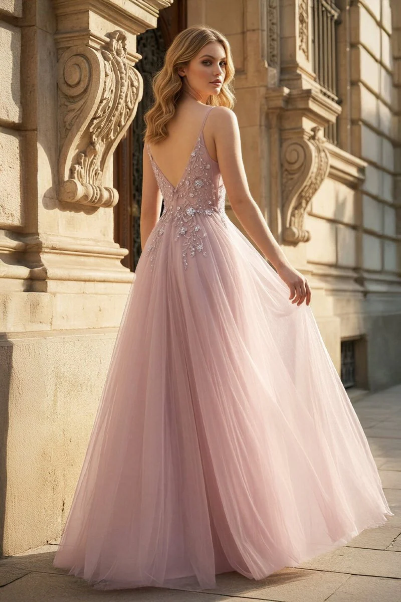 Pink Tulle Long A-Line Prom Dress, Pink Spaghetti Formal Dress with Beaded