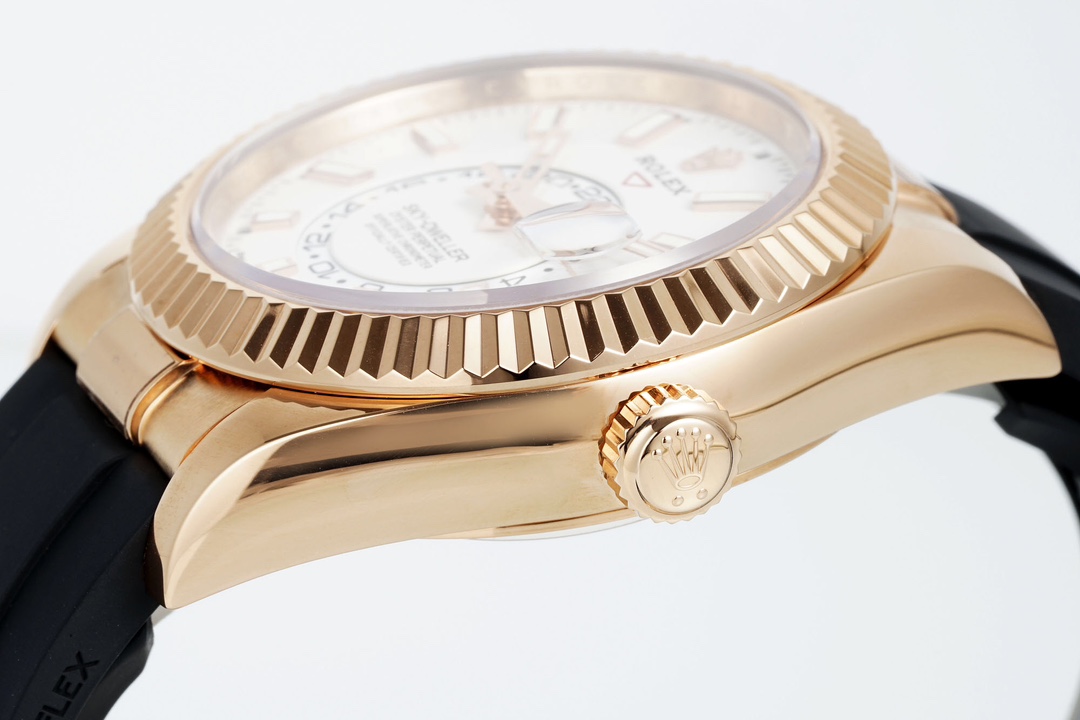 Rolex Sky-Dweller replica rose gold crown and case profile