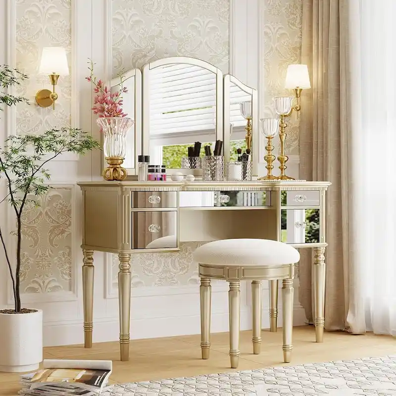 Makeup Vanity Table, 5 Drawers, Foldable Mirror, Stool Included