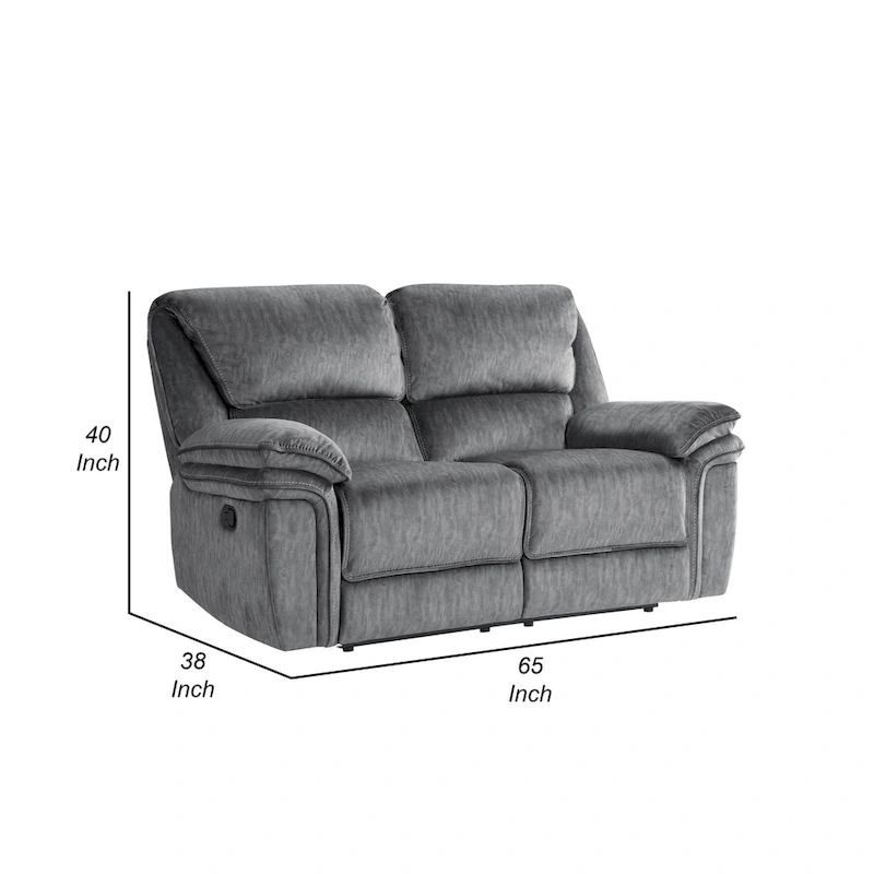 Muir 65 Inch Manual Recliner Loveseat, Tufted Gray Microfiber, Solid Wood