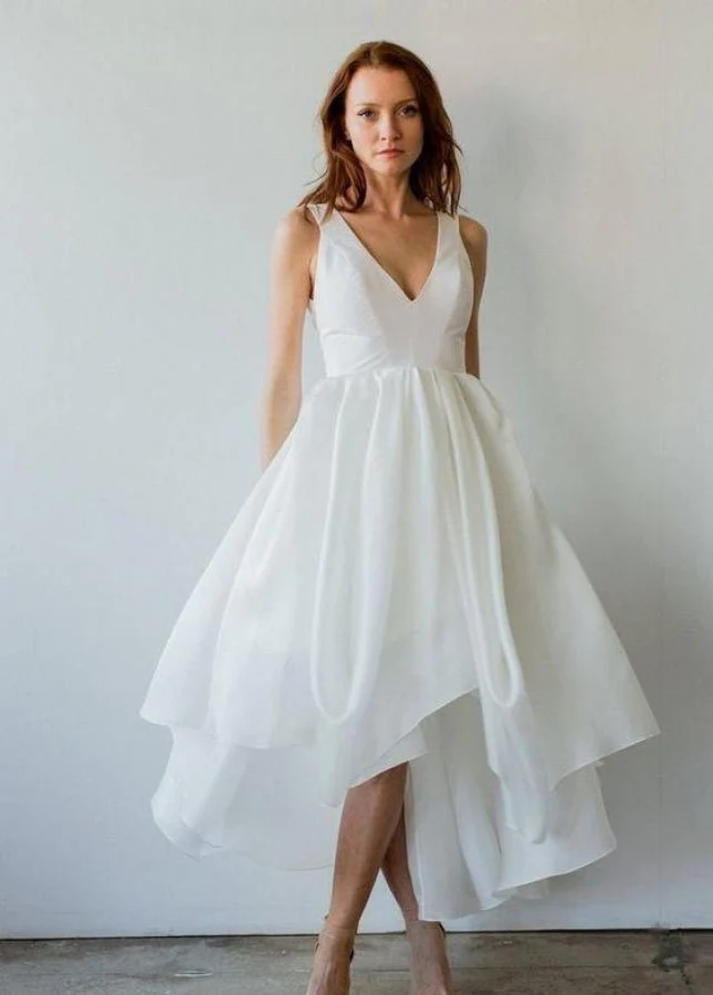 Diamond White Sleeveless V-Neck Taffeta Short Wedding Dress with Asymmetric Hem