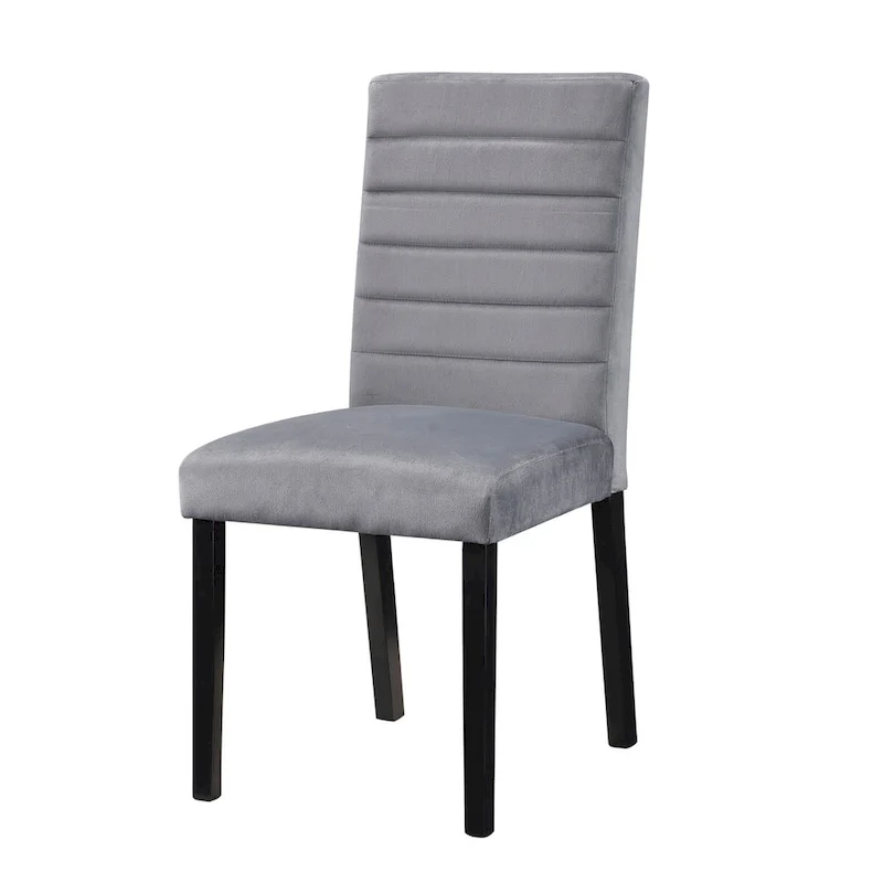 Andy 18 Inch Side Dining Chairs Set of 2, Channel Tufted Gray Velvet, Black Wood