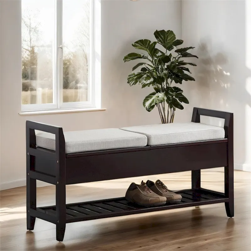 Espresso Beige Fabric Flip-Top Storage Bench with Shoe Shelf – 2 Person