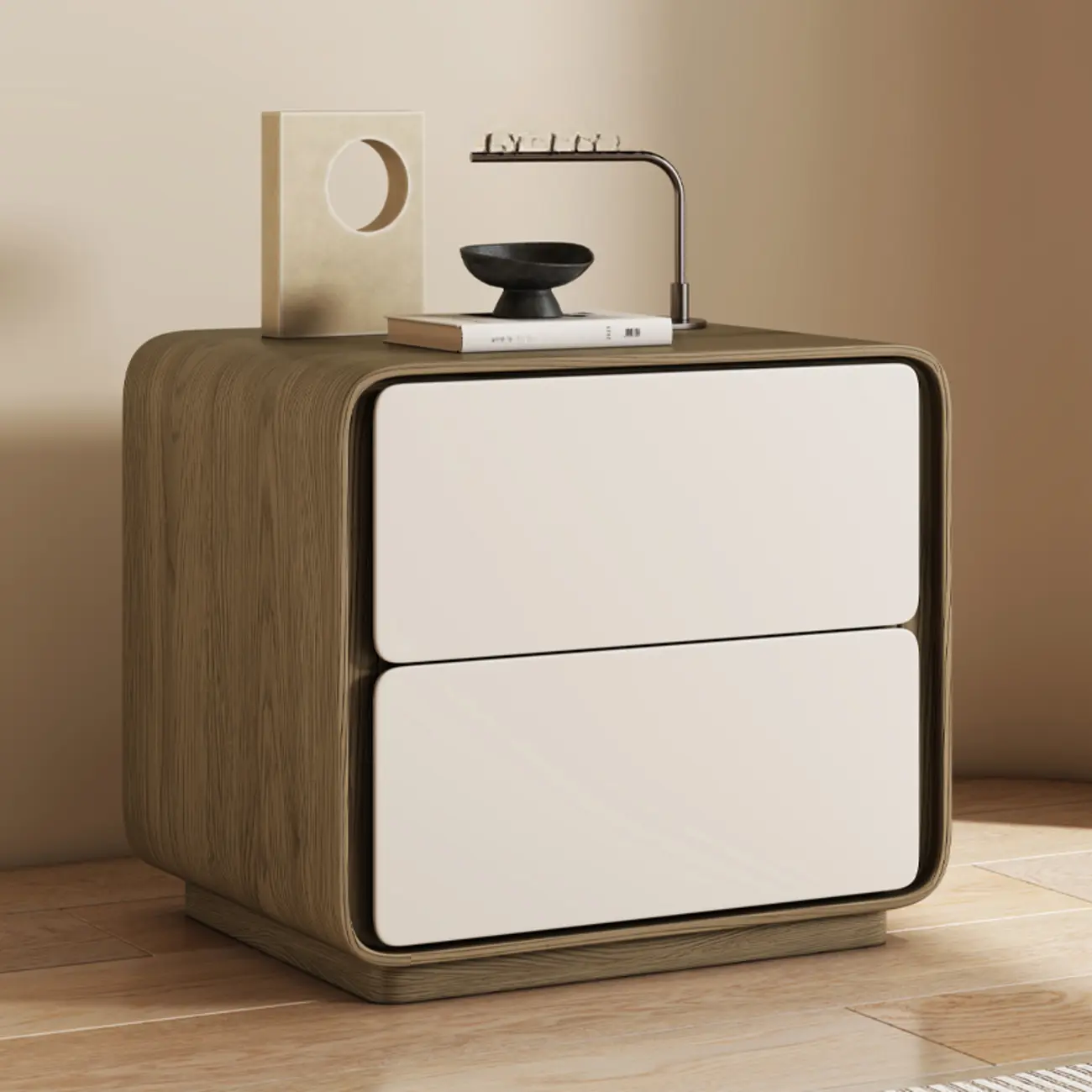 Modern Faux Leather Wood Top 2 Drawers Nightstand