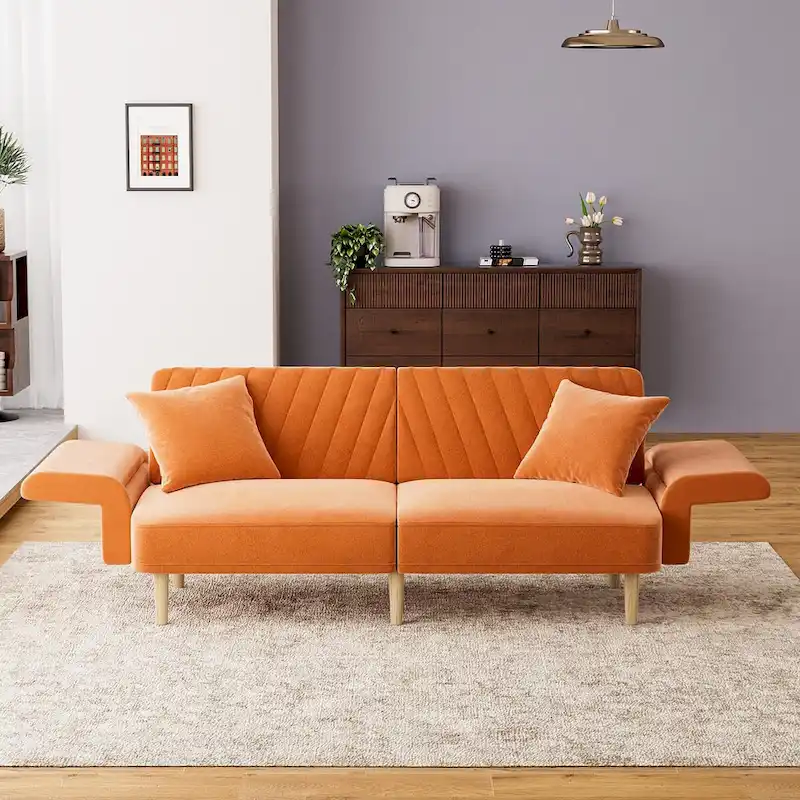 Ouyessir Upholstered Tufted Convertible Futon Sofa Bed with Foldable Armrest