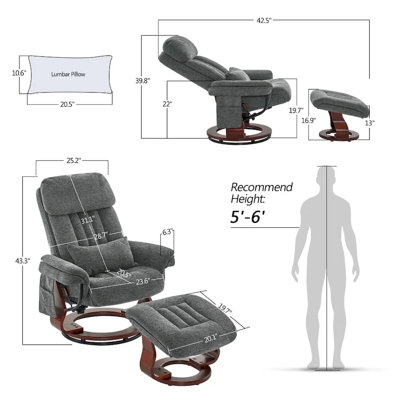 Swivel Recliner with Ottoman, Leisure Office Chair, Ergonomic Lounge chair, Chenille Fabric 4687