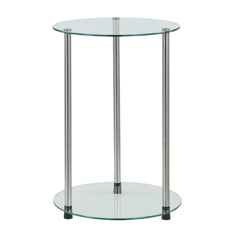 Modern 2-Tier Round Tempered Glass End Table with Stainless Steel Legs