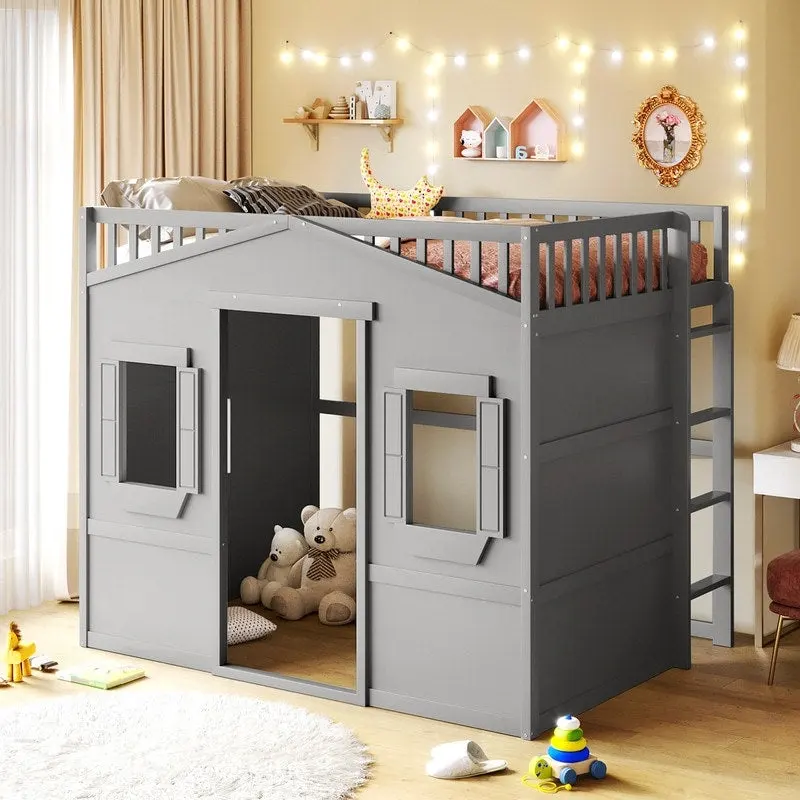 Full Size House Design Loft Bed With Ladder and Windows