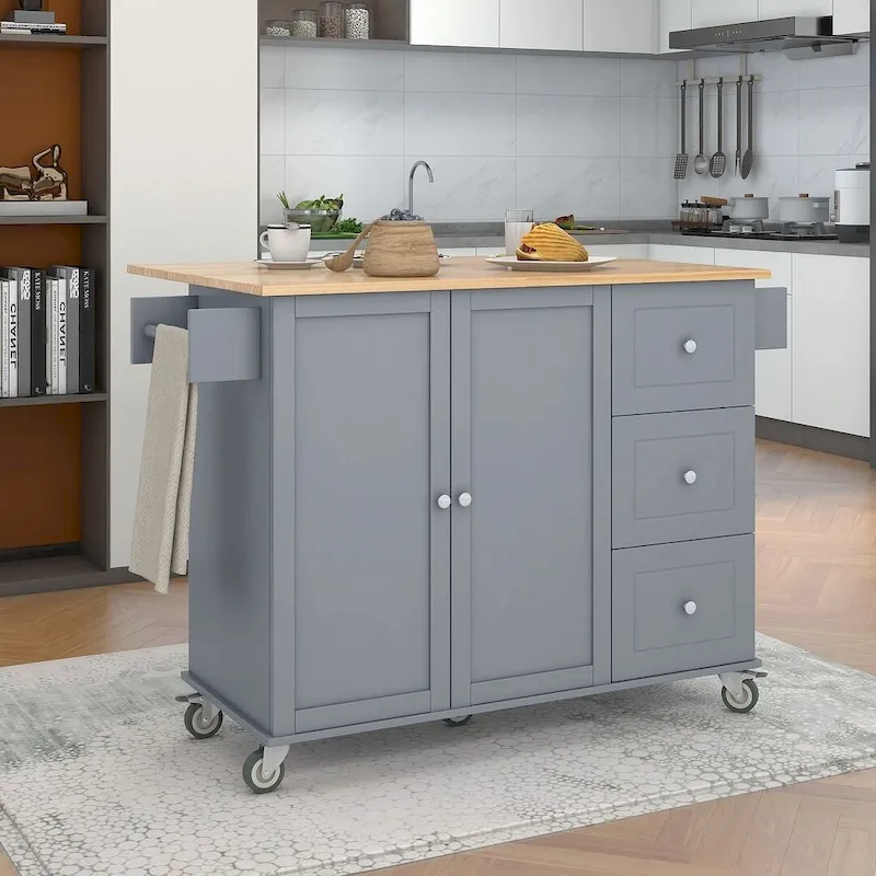 Rolling Mobile Kitchen Island with Wheels Drop Leaf, Solid Wood Top