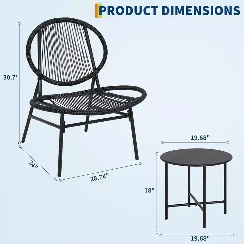 GustoWave 3-Piece Patio Bistro Set With Side Table And 2 Chairs For Balcony, Patio, Garden, Black