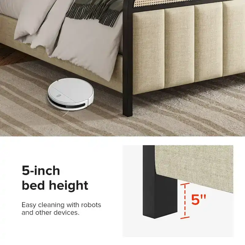 Alphons Modern Solid Wood Frame Ratten Bed with LED Headboard by HULALA HOME