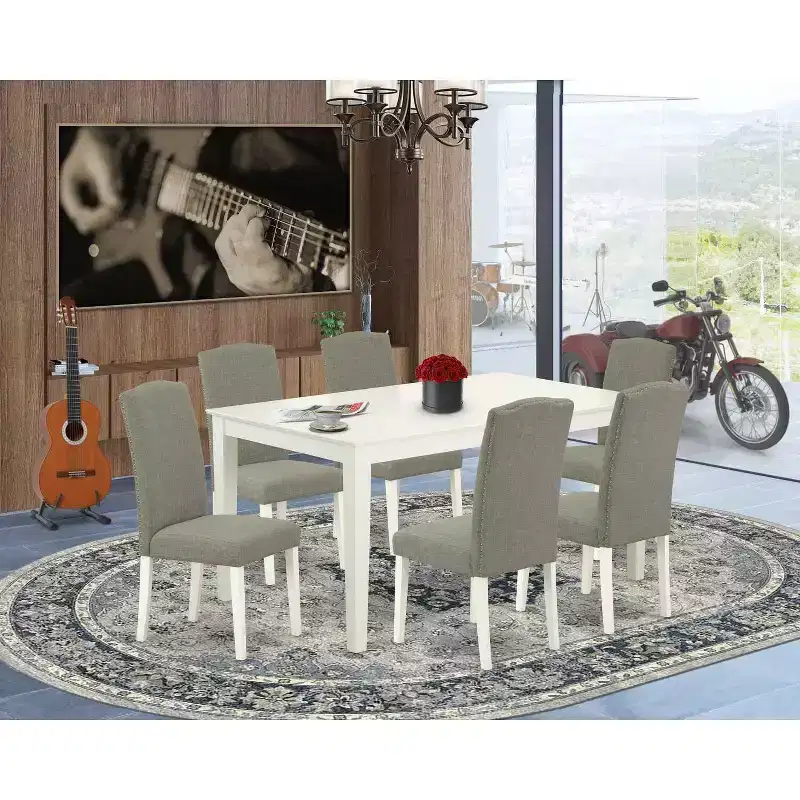HomeStock 7-Piece Rectangle Linen White Finish Solid Wood Top Dining Table with 6 Parson-Chairs