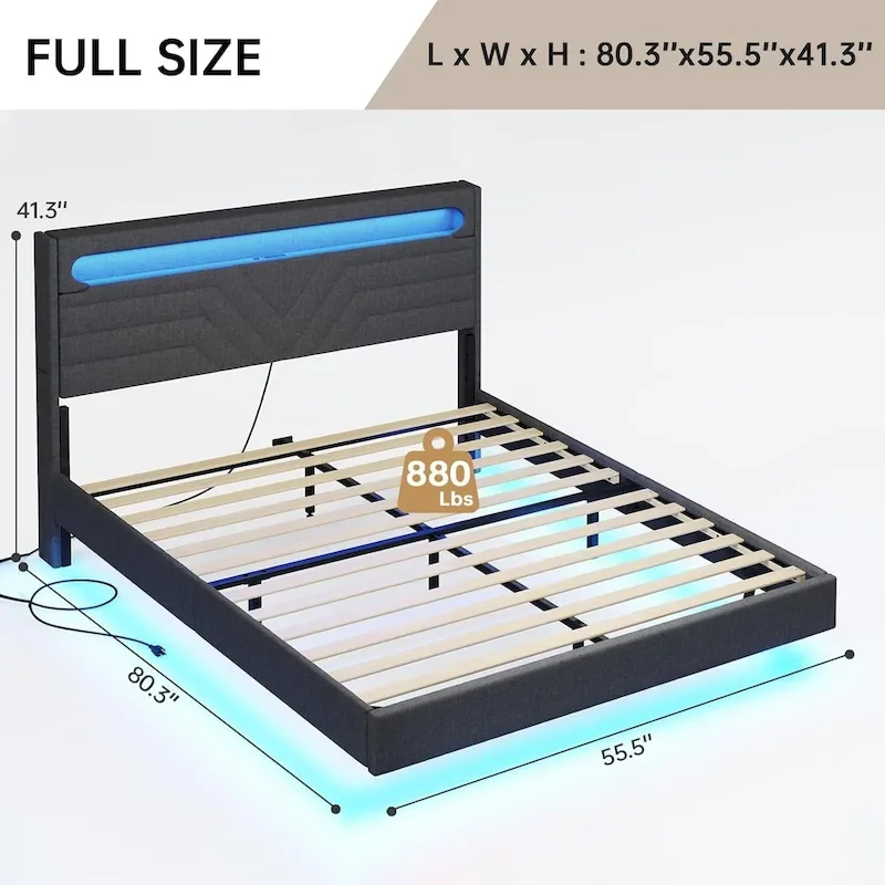 Bed Frame LED Lights Headboard & USB-C/A Charging Station 4 Drawers