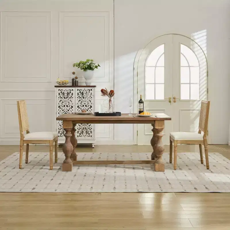 TUYOHW King Louis Chairs Set of 2,Rattan Back French Decor Side Chairs with Solid Rubberwood Legs,High Resilience Foam,300lbs Capacity