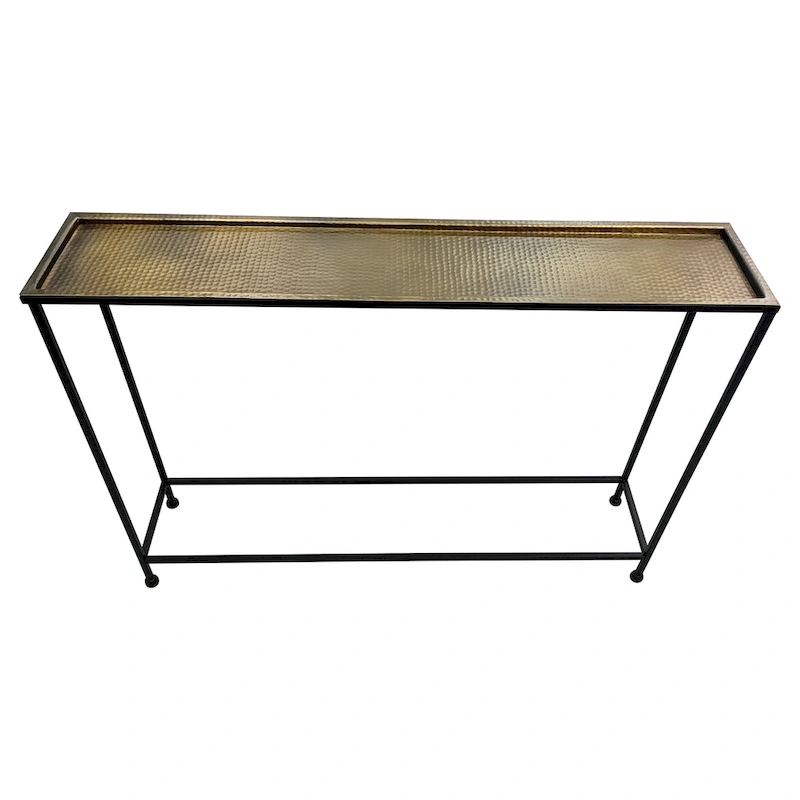 Aurelia 48 Inch Console Sofa Table, Artisanal Hammered Antique Bronze Tray Top, Industrial Black Iron Frame