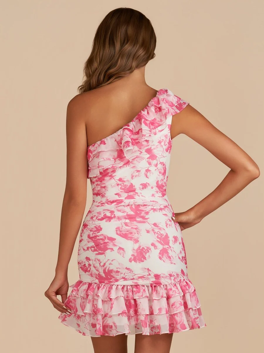 Pink - A-Line One Shoulder Floral Chiffon Short Homecoming Dresses