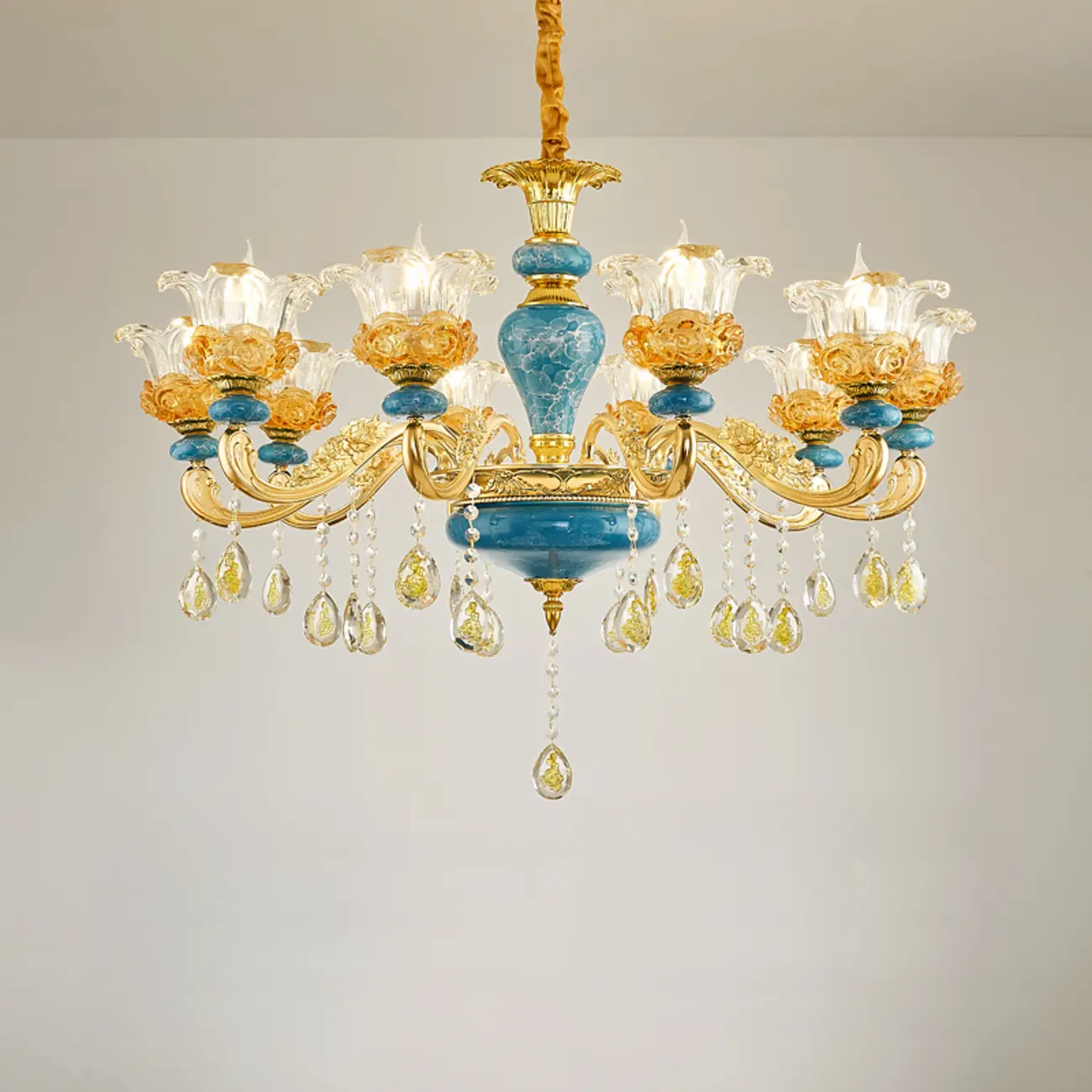 Large Luxury Brass Flower Shape Clear Glass Chandelier