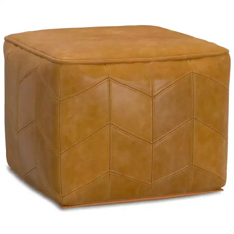 WyndenHall Gerty Square Pouf Brown: Chevron Genuine Leather, No Assembly, Padded Seating