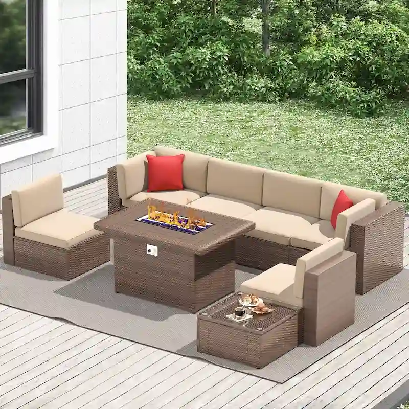 8 Pcs Patio Conversation Sets with Fire Pit Table