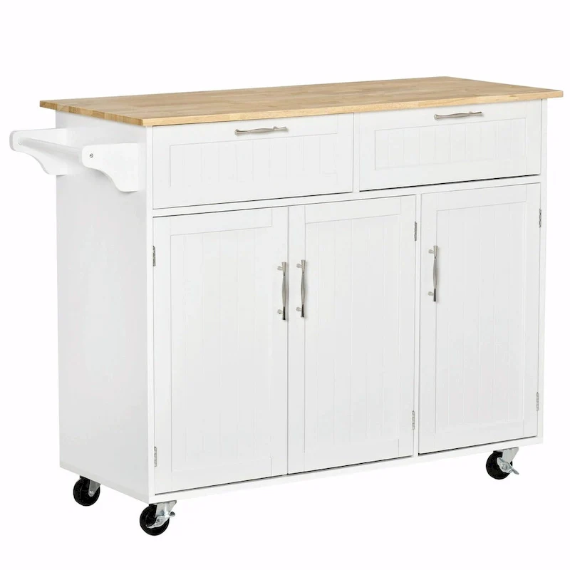 Mobile Kitchen Island with Wood Top, Drawers, Cabinets, Adjustable Shelves, and Towel Rack