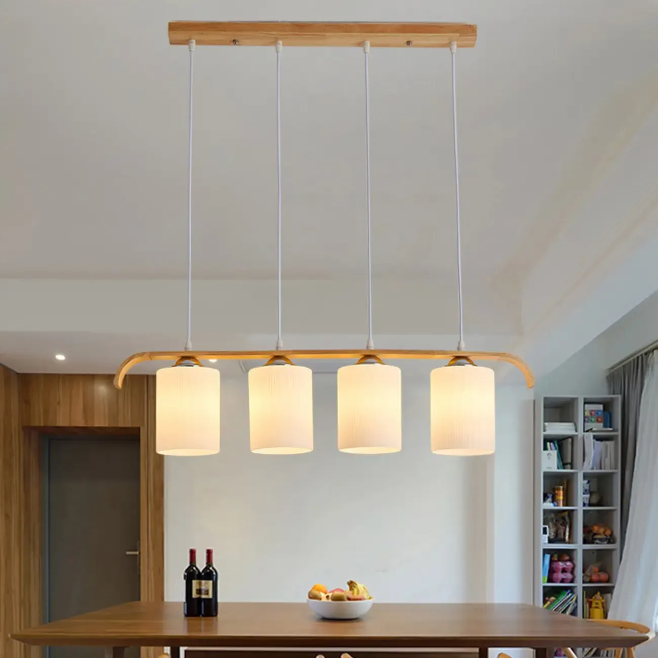Rustic Cylinder Glass Wooden Island Pendant Light for Kitchen