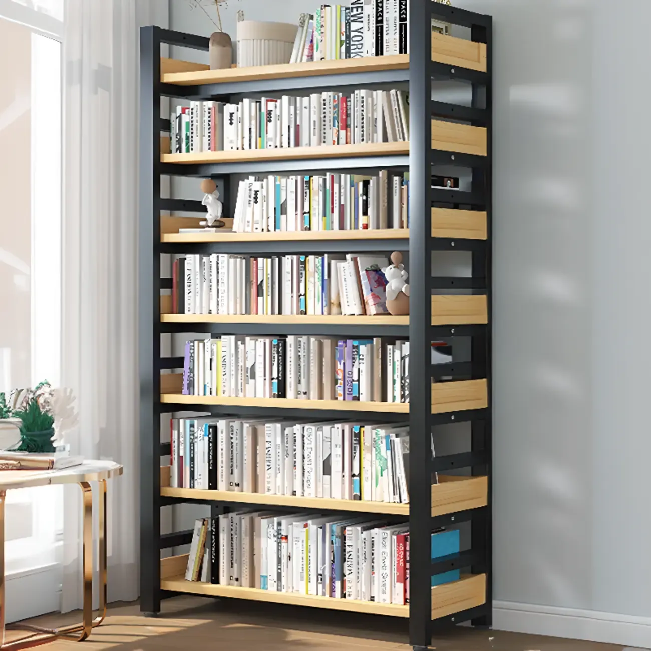 Freestanding Simple Multi-Layer Wood Bookshelf in Steel Frame