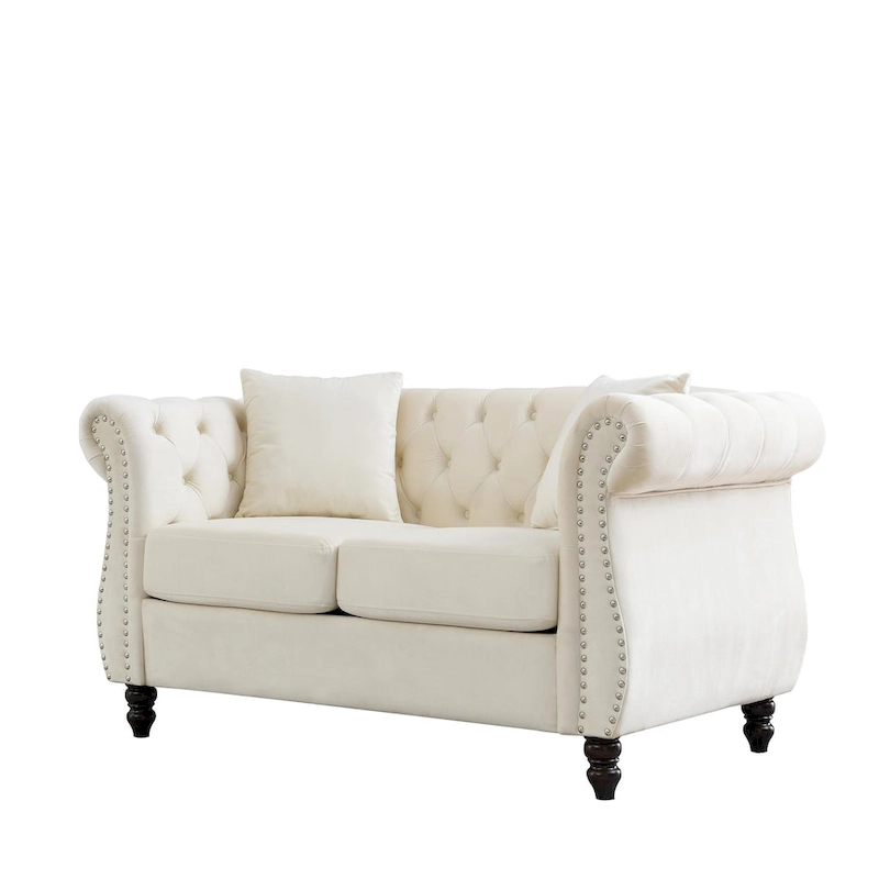 Velvet Chesterfield Loveseat Sofa, Rolled Arms, Nailhead Trim