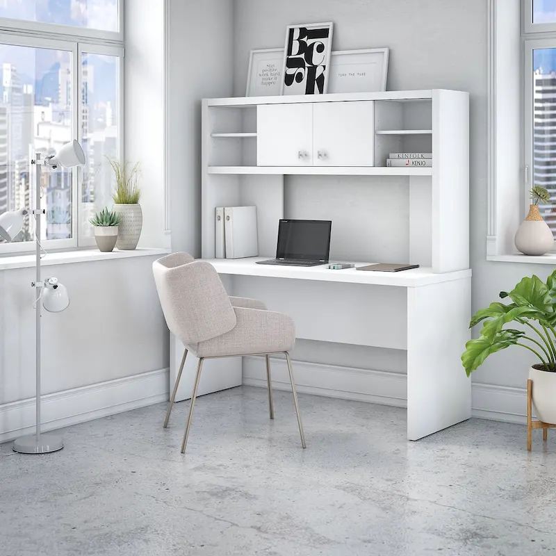 60W Credenza Desk with Hutch – Pure White / Grey Sand / Charcoal Maple / Modern Gray, Single Workstation