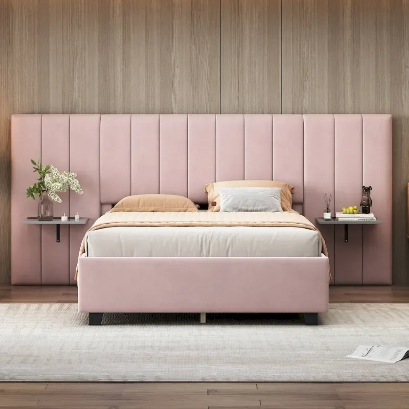 Pink / Beige / Grey Upholstered Platform Bed for 2, Full Size with Storage Headboard