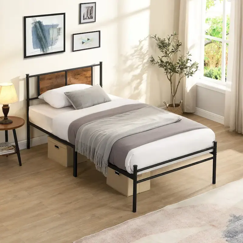 Metal Platform Bed with Wood Panel Decoration Headboard