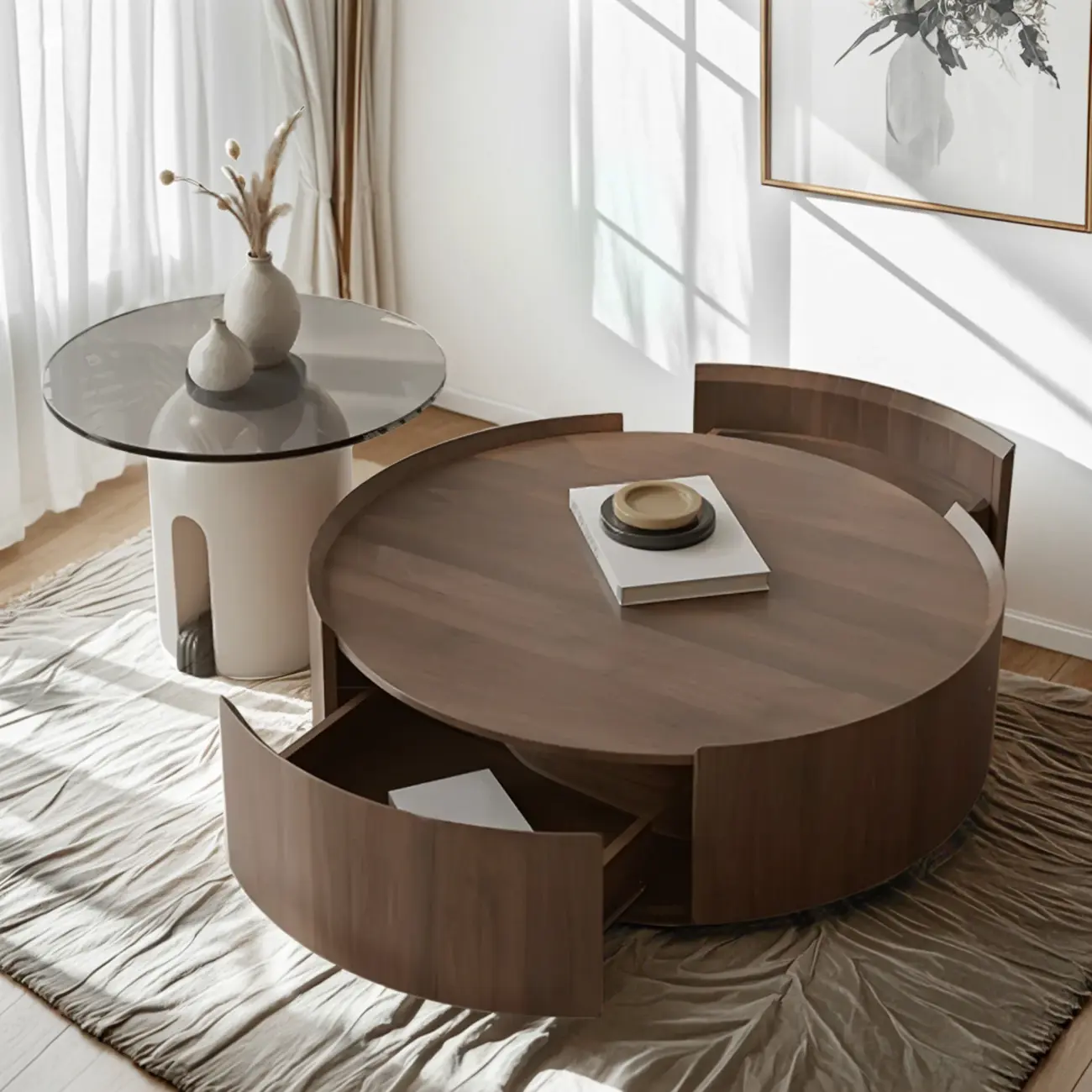 Brown Modern Stylish Round Wood Drawer Coffee Table