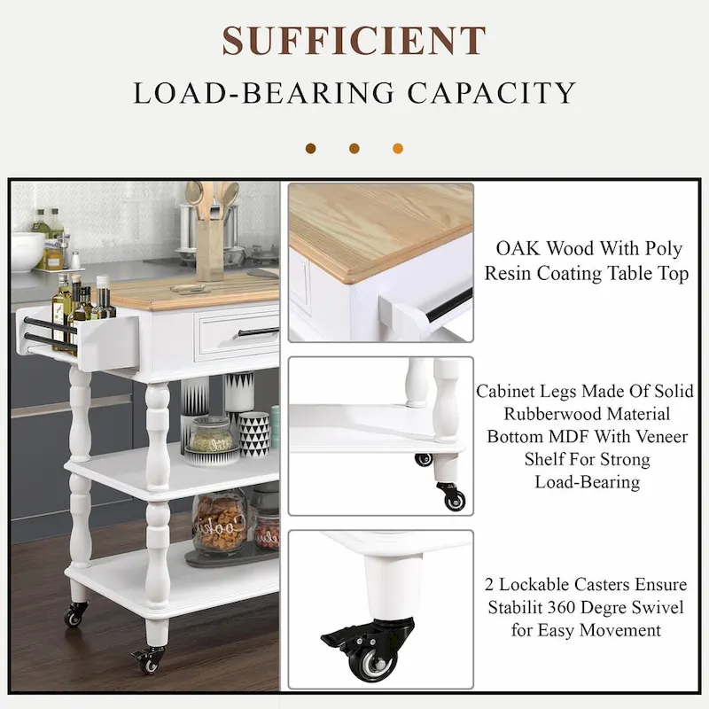 Rolling Kitchen Island Cart with Solid Oak Wood Top, Wine and Spice Rack