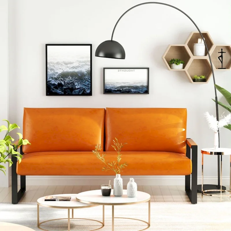 Mid-Century Style Faux Leather Loveseat Sofa with Steel Frame