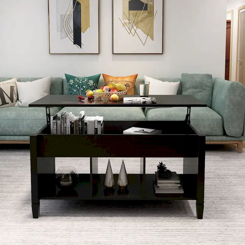 Black Lift-Top Coffee Table with Storage Shelves, MDF