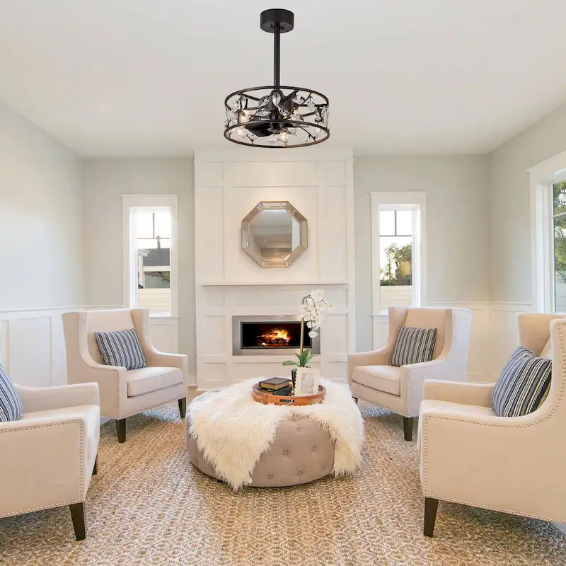 Cusp Barn 18in. Modern Crystal Caged Ceiling Fan With Light, Industrial Metal Shade Reversible 6-Speed Ceiling Fan With Remote