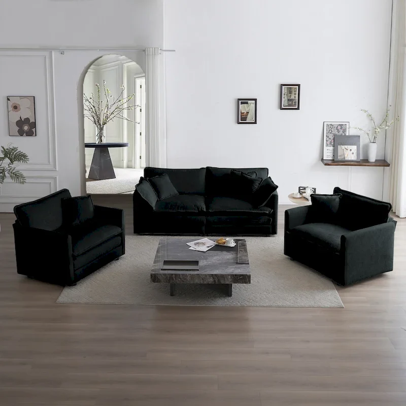 Black 3-Piece Chenille Sofa Set with Loveseat and 2 Single Sofas
