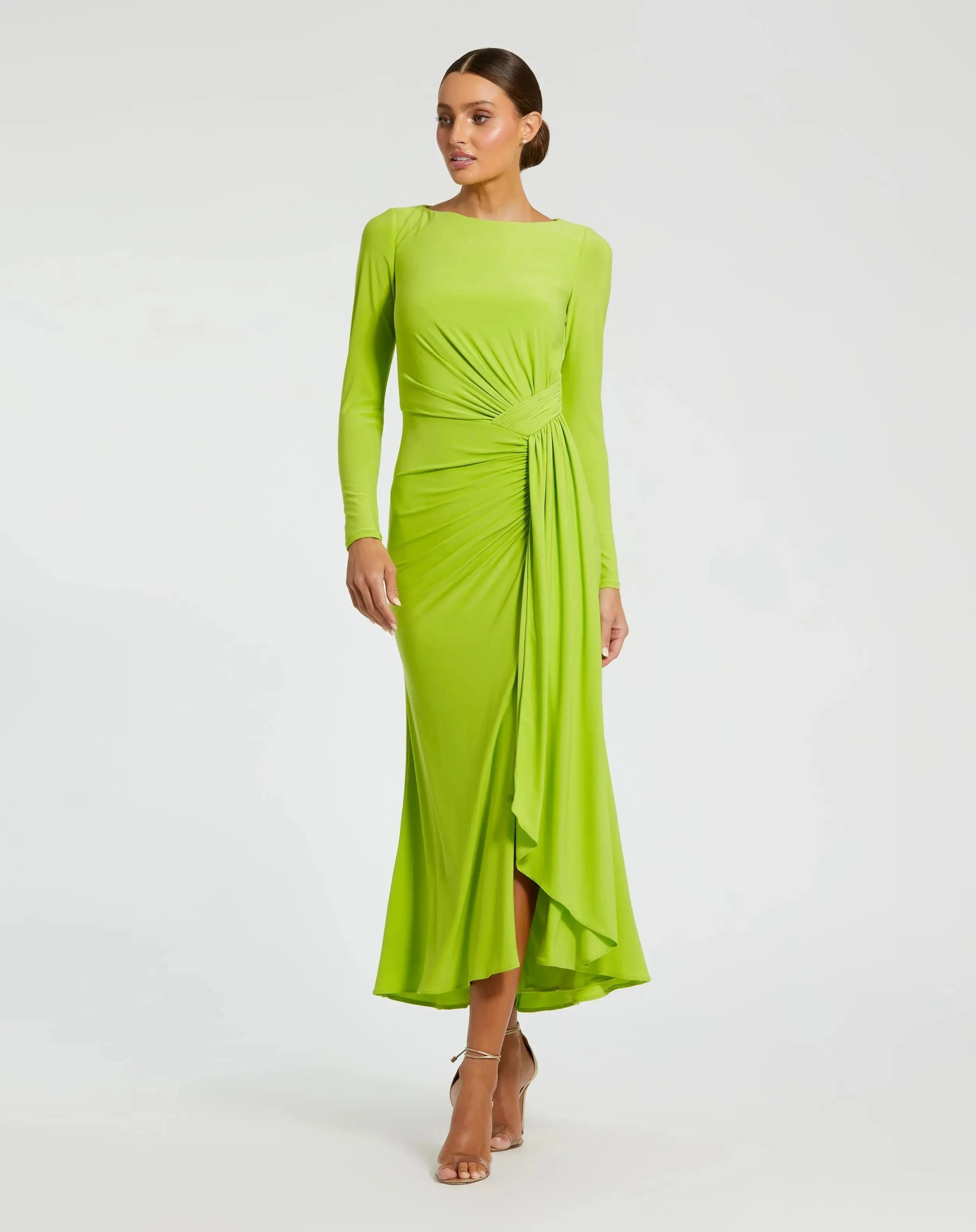 Green Ruched Long Sleeve Ruffle Hem Dress