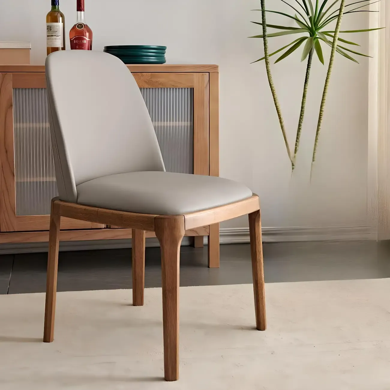 Cream Wood Faux Leather Solid Back Dining Chair