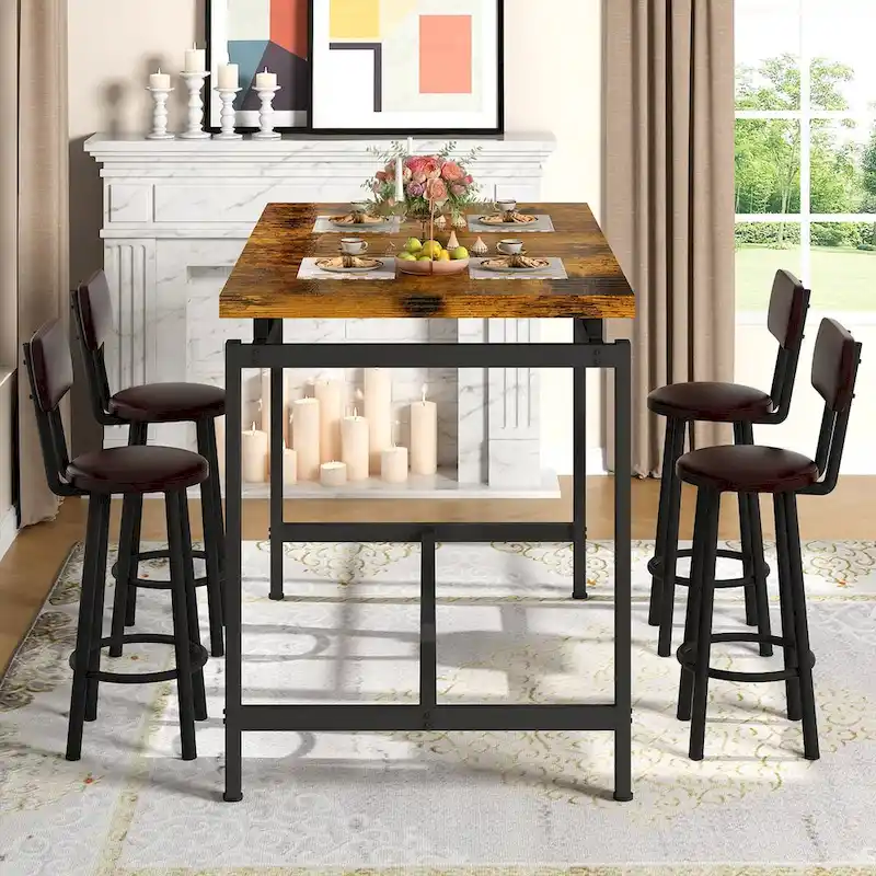 Industrial Rustic Counter Height Dining Table with 4 Upholstered Bar Chairs