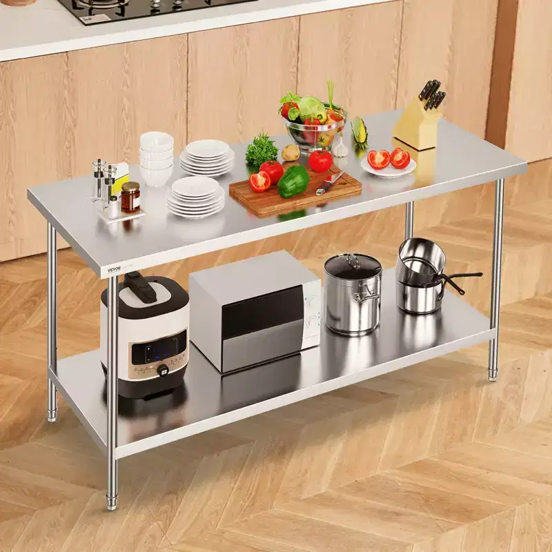 VEVOR Stainless Steel Prep Table, 30 x 72 x 34 Inch, 920 lbs Load Capacity, Heavy Duty Metal Worktable with 3 Adjustable Height Levels