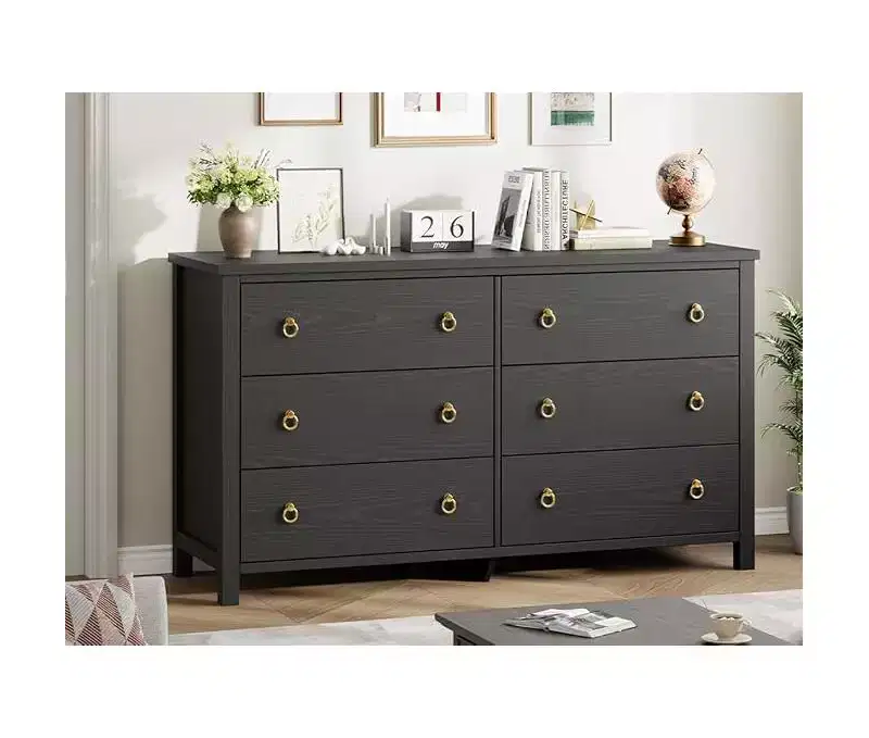 Dresser for Bedroom with 6 Drawers, Wooden Chest with Clothes Storage CabinetWide Dresser with Chest of Drawers,Black