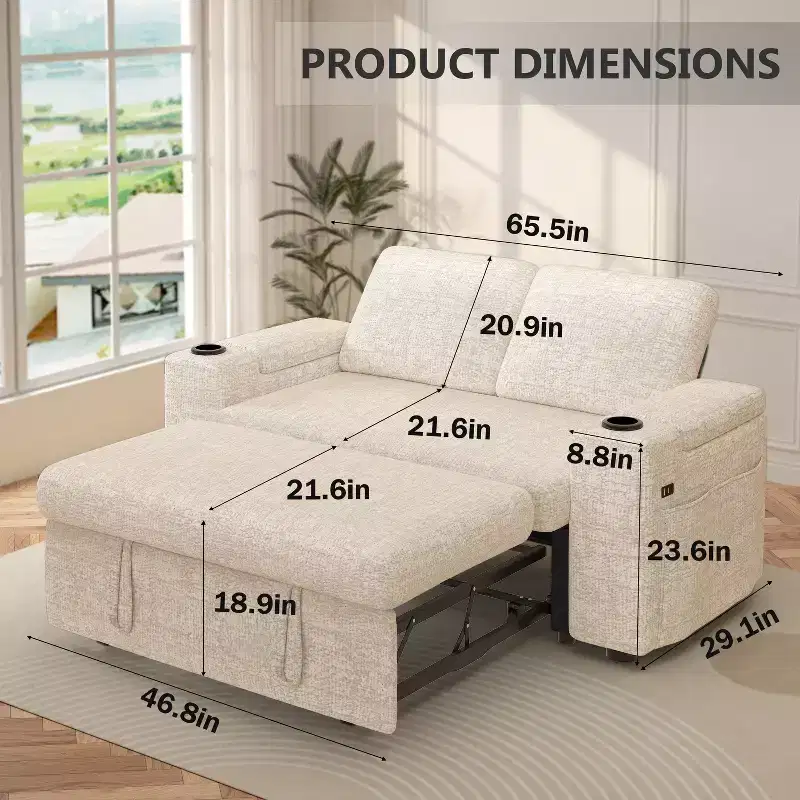 Dyonery 3 in 1 Sofa Bed,65.5 Inch Convertible Pull Out Couch,Loveseat Sleeper Sofa with Cup Holders/USB,Comfy Sofa Couches for Living Room,Bedroom