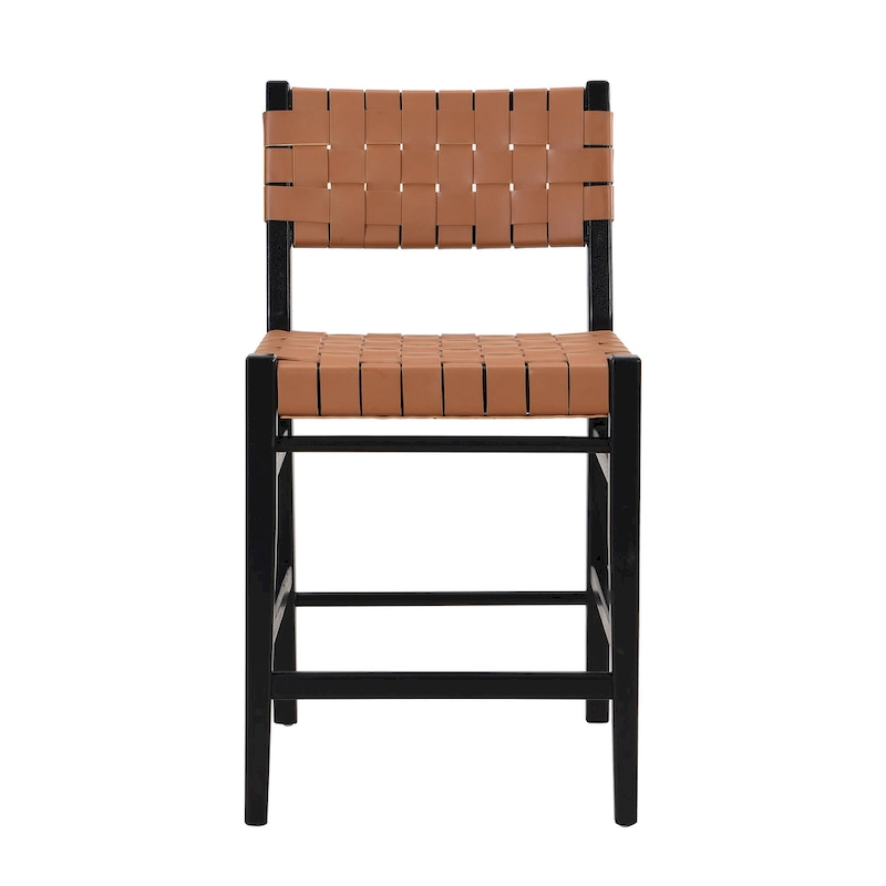 Roomfitters PU Leather Counter Stools, Set of 2 Bar Height Chairs with Woven Back and Rubberwood Frame, Black Brown