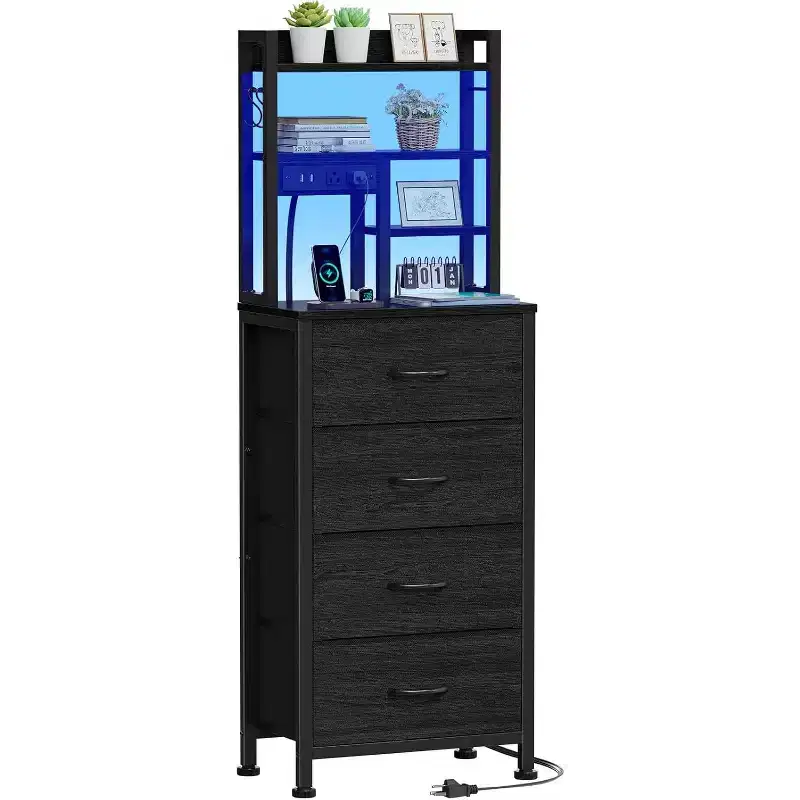 Qwatto Bedside Table with Charging Station and USB Port 4 Drawer Tall Nightstand with Shelves for Bedroom Dorm Wood Metal End Table Black Finish