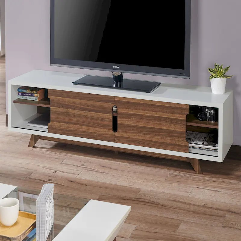 White and Walnut Mid-Century Modern TV Stand - 62 inch Wide with 6 Shelves