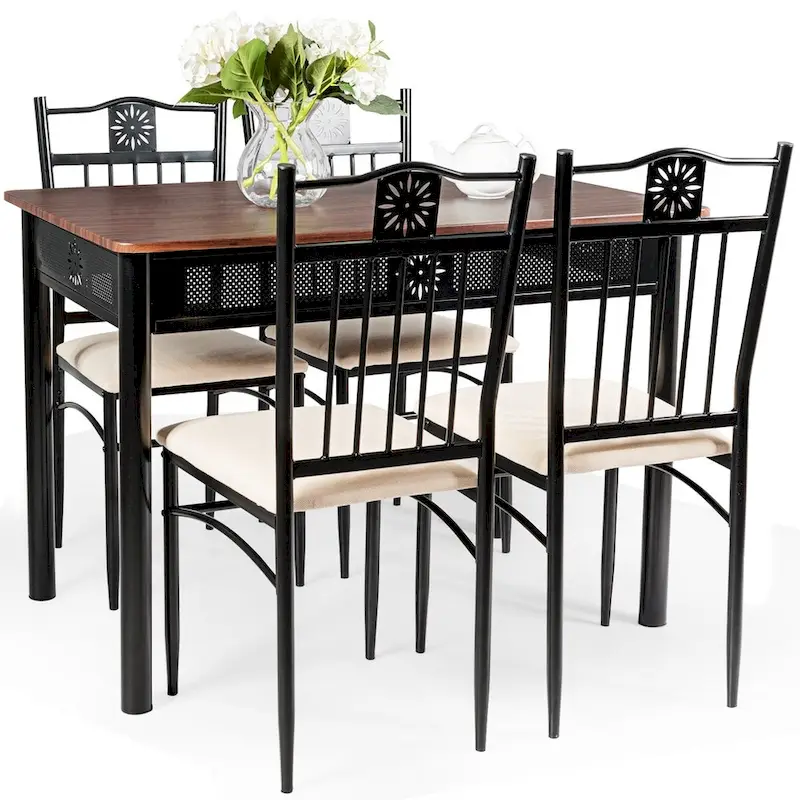 5 Piece Dining Set Wood Metal Table and Chairs Kitchen Furniture