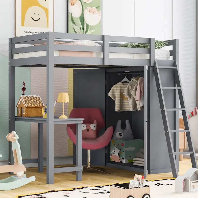 Merax Loft Bed with Wardrobe and Desk and Shelves
