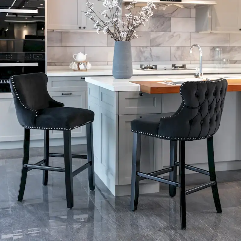 Velvet Wing-Back Barstools with Button Tufting – Set of 2