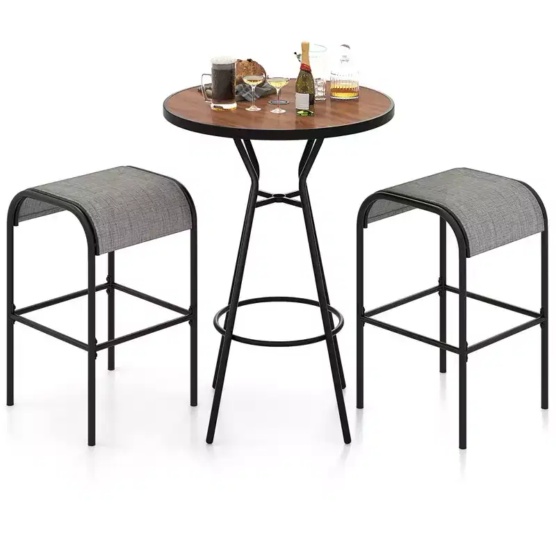 Costway 3 PCS Patio Bistro Set Round Table w/ 1.6 Umbrella Hole & 2 Stools Metal Frame